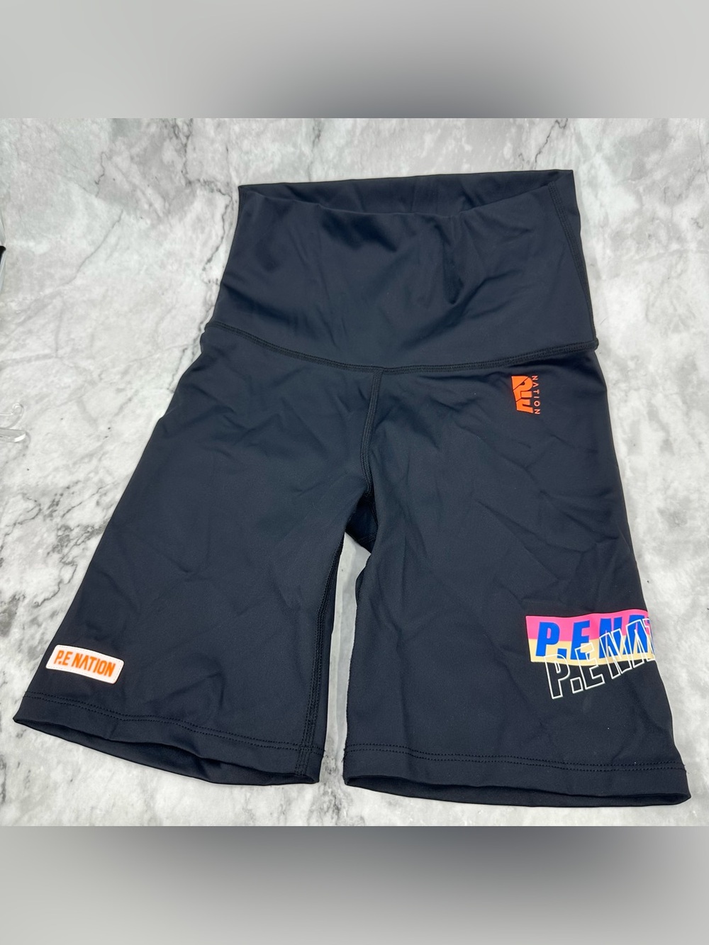 P.E Nation Black High-Waist Bike Shorts with Multicolor Logos